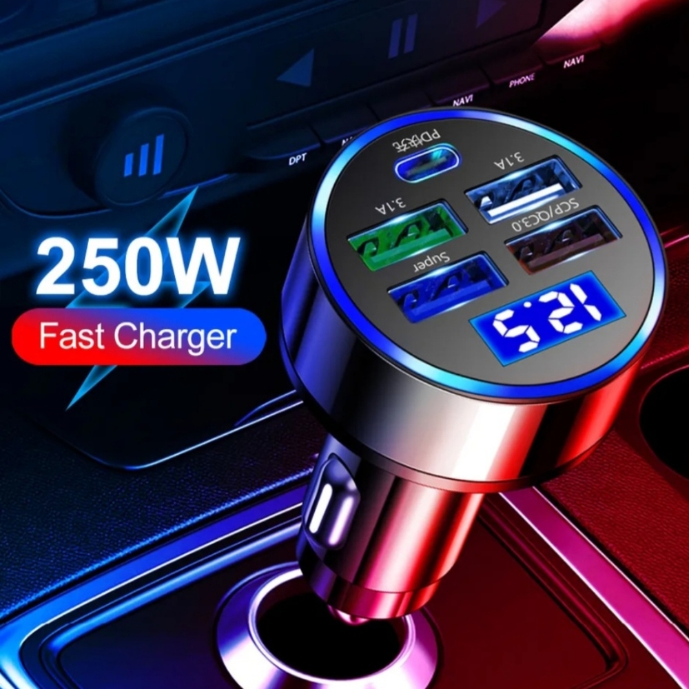 250W LED Car Charger 5 Ports Fast Charge PD QC3.0 USB C Car Phone Charger Type